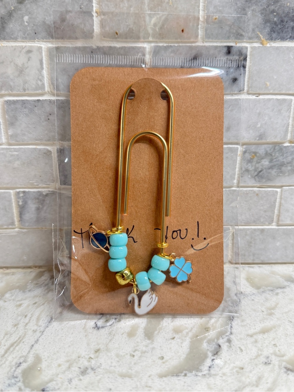Gold Paperclip Charm Bookmark with Turquoise Beads